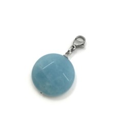 Premium Natural Flat Round Blue Amazonite Crystal Stainless Steel Charm