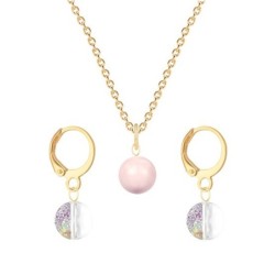 Gold Plated Premium Steel Rosaline Pink Crystal Pearl Pendant With White Patina Austria Globe Hoop Earrings Set