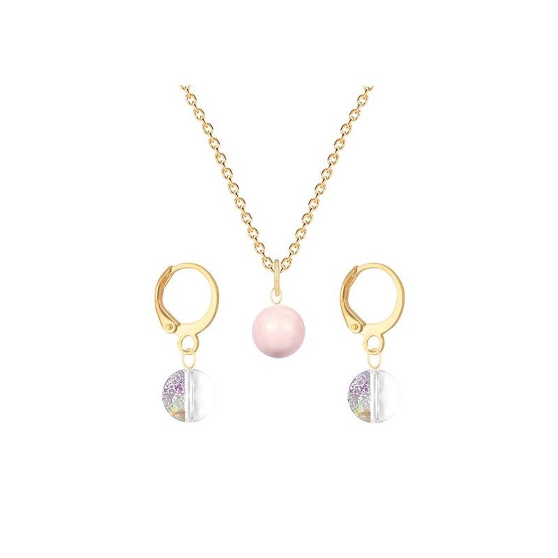 Gold Plated Premium Steel Rosaline Pink Crystal Pearl Pendant With White Patina Austria Globe Hoop Earrings Set