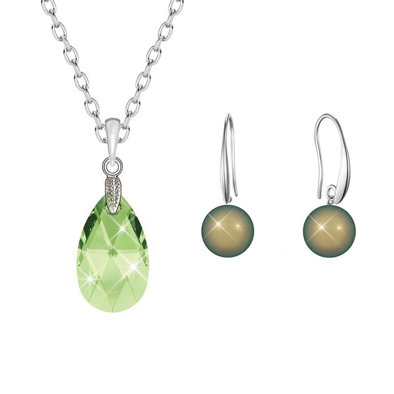 Peridot Pear Shaped Pendant Necklace Jewellery Set Embellished with Premium Grade Austrian Crystals