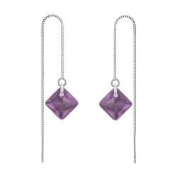 February Birthstone Amethyst Princess Cut Premium Austrian Crystal 18K White Gold Plated Thread Dangling Earrings