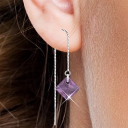 February Birthstone Amethyst Princess Cut Premium Austrian Crystal 18K White Gold Plated Thread Dangling Earrings