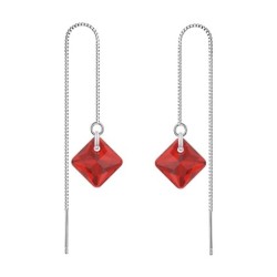 July Birthstone Light Siam Princess Cut Premium Austrian Crystal 18K White Gold Plated Thread Dangling Earrings