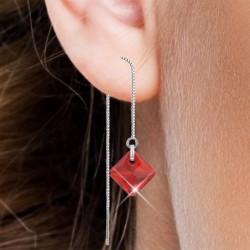 July Birthstone Light Siam Princess Cut Premium Austrian Crystal 18K White Gold Plated Thread Dangling Earrings