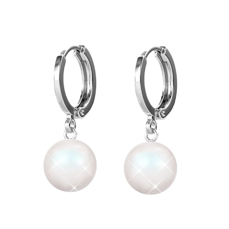 Pearlescent White 8mm Crystal Pearl 18K White Gold Plated Hoop Earrings Embellished with Austrian Crystal Pearls