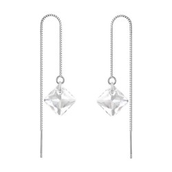 April Birthstone Crystal Clear Princess Cut Premium Austrian Crystal 18K White Gold Plated Thread Dangling Earrings