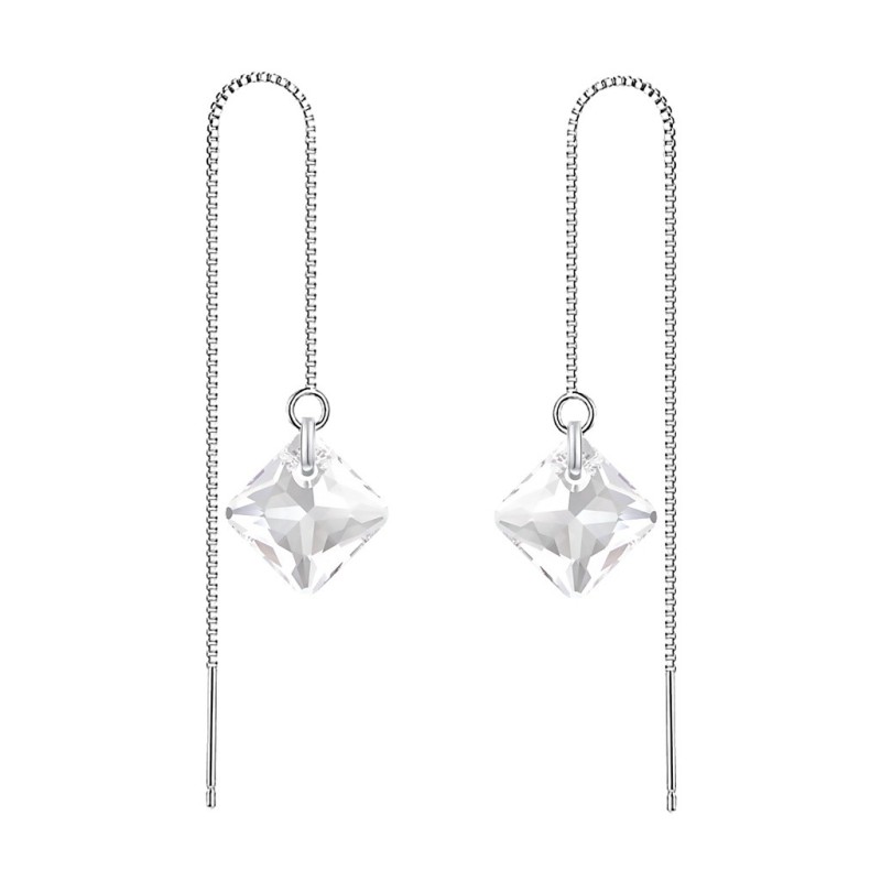 April Birthstone Crystal Clear Princess Cut Premium Austrian Crystal 18K White Gold Plated Thread Dangling Earrings