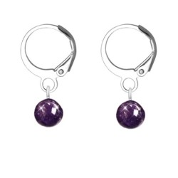 Premium Steel Hoop Natural Dark Amethyst Dainty Crystal Earrings