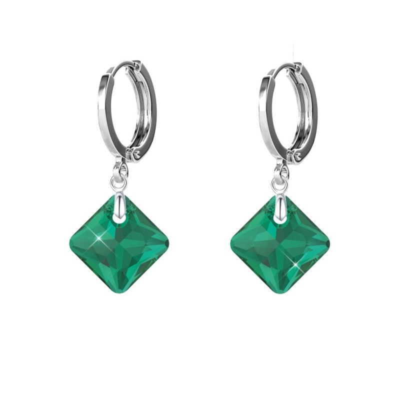 May Birthstone Emerald Princess Cut Premium Austrian Crystal 18K White Gold Plated Hoop Earrings