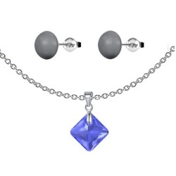 September Birthstone Sapphire Princess Cut Crystal Pendant With Dark Grey Cabochon 10mm Crystal Pearls Stud Earrings Set