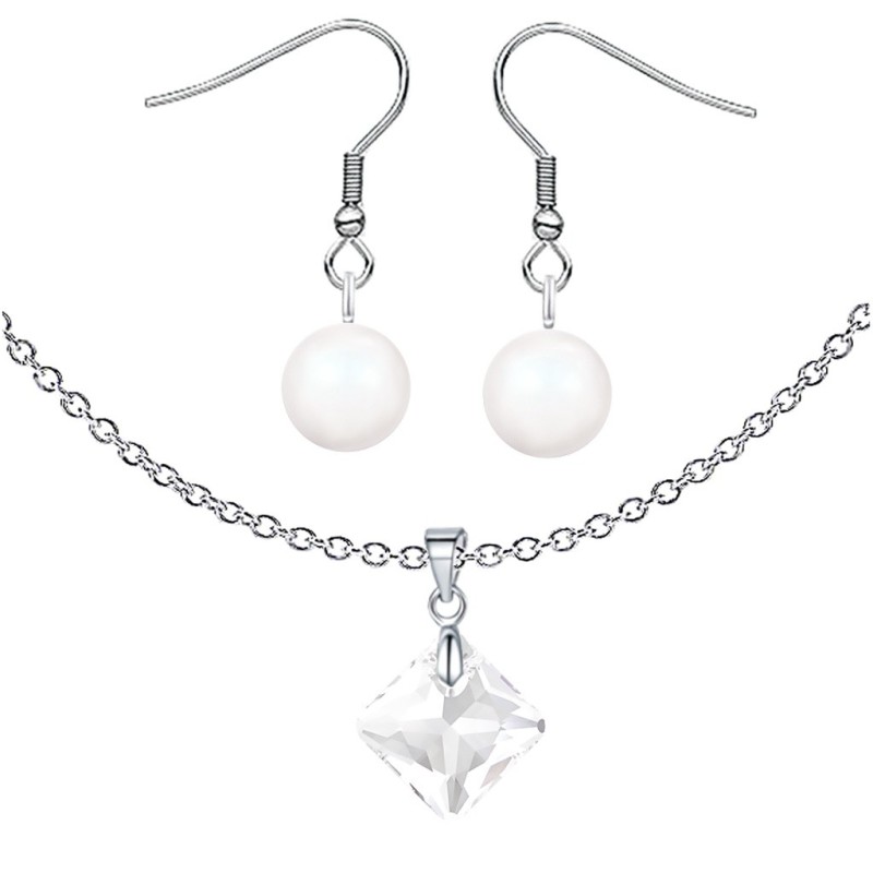 April BirthStone Princess Cut Premium Grade Austrian Crystal Pendant Necklace And Pearl Earrings Jewellery Set