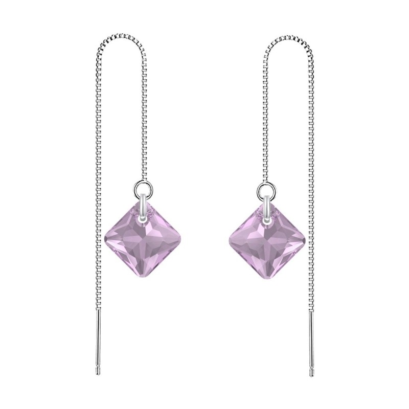 June Birthstone Light Amethyst Princess Cut Premium Austrian Crystal 18K White Gold Plated Thread Dangling Earrings