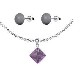 February Birthstone Amethyst Princess Cut Crystal Pendant With Dark Grey Cabochon 10mm Crystal Pearls Stud Earrings Set