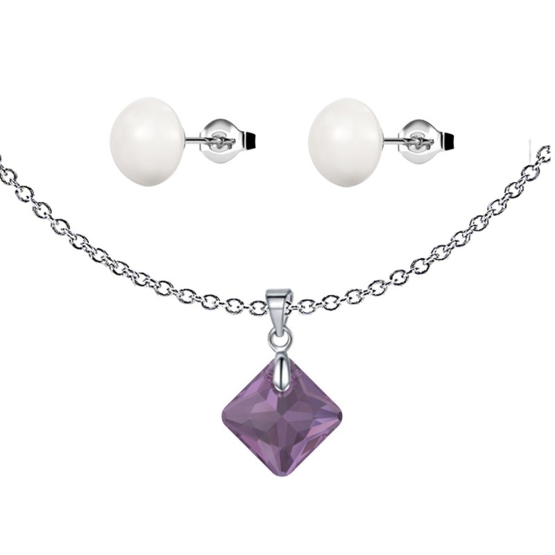 February Birthstone Amethyst Princess Cut Crystal Pendant With White Cabochon 10mm Crystal Pearls Stud Earrings Set