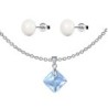 March Birthstone Aquamarine Princess Cut Crystal Pendant With White Cabochon 10mm Crystal Pearls Stud Earrings Set