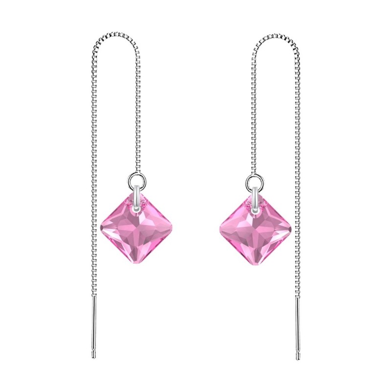 October Birthstone Rose Princess Cut Premium Austrian Crystal 18K White Gold Plated Thread Dangling Earrings