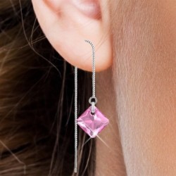 October Birthstone Rose Princess Cut Premium Austrian Crystal 18K White Gold Plated Thread Dangling Earrings