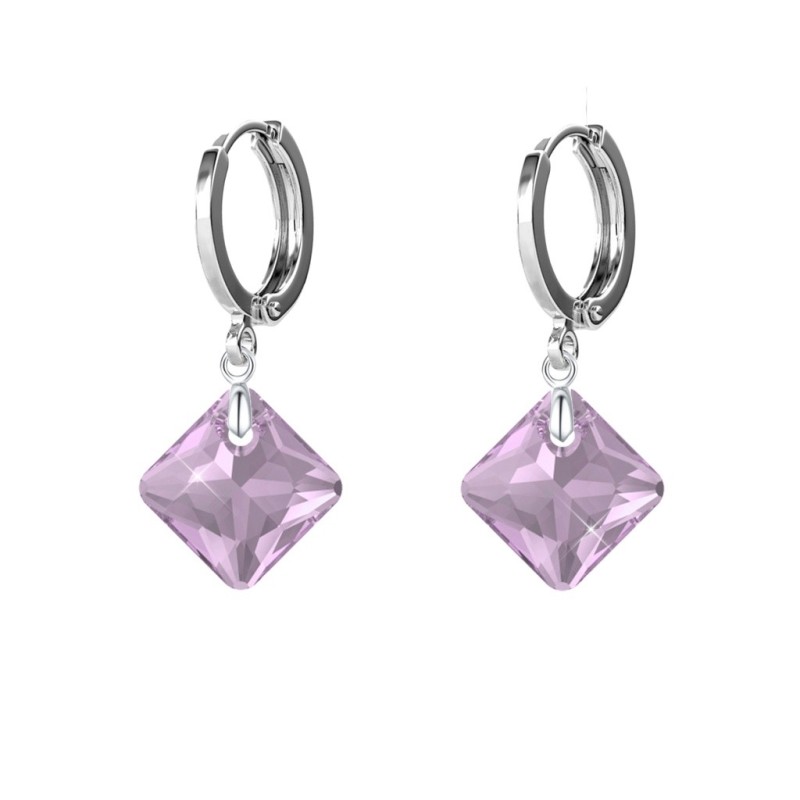 June Birthstone Light Amethyst Princess Cut Premium Austrian Crystal 18K White Gold Plated Hoop Earrings