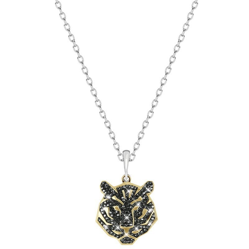 Jet Tiger Pave Stainless Steel Pendant Necklace Embellished with Premium Grade Austrian Crystals