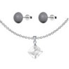 April Birthstone Clear Princess Cut Crystal Pendant With Dark Grey Cabochon 10mm Crystal Pearls Stud Earrings Set