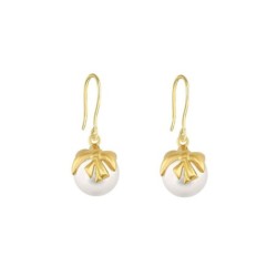 White Pearl Bow Gold Plated Earrings Embellished with Premium Grade Austrian Crystal Pearls