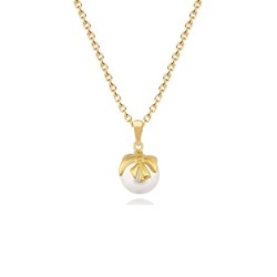 Christmas Pearl Bow Charm Gold Plated Necklace Embellished with Premium Grade Austrian Crystal Pearl