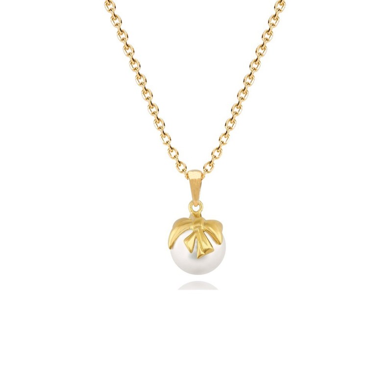 Christmas Pearl Bow Charm Gold Plated Necklace Embellished with Premium Grade Austrian Crystal Pearl