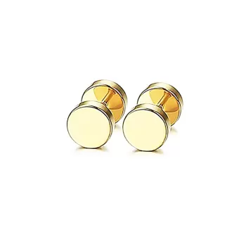 Unisex Stainless Steel Hypoallergenic Flat Gold 8mm Round Screw Back Type Stud Earrings