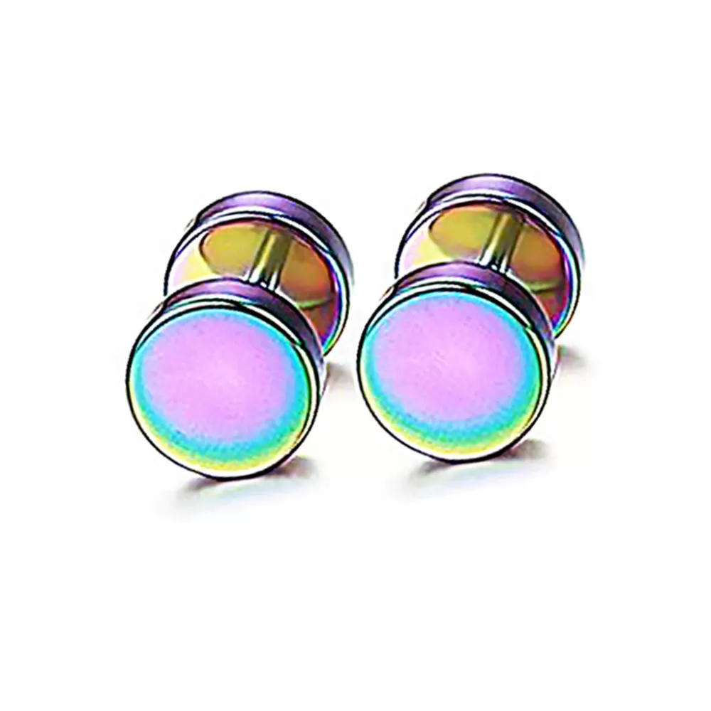 Unisex Stainless Steel Hypoallergenic Flat Rainbow 8mm Round Screw Back Type Stud Earrings