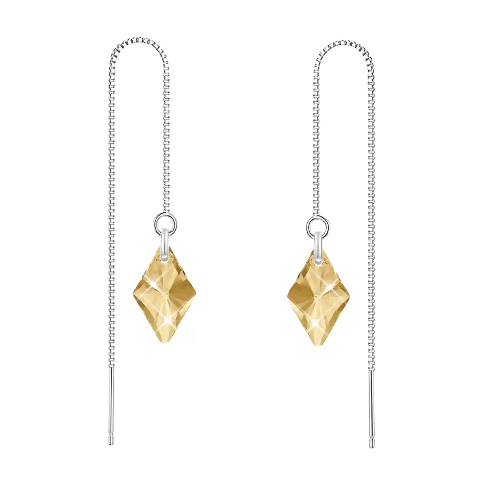 White Gold Plated Simply Golden Shadow Rhombus Crystal Thread Dangling Earring Collection Embellished with Austrian Crystals