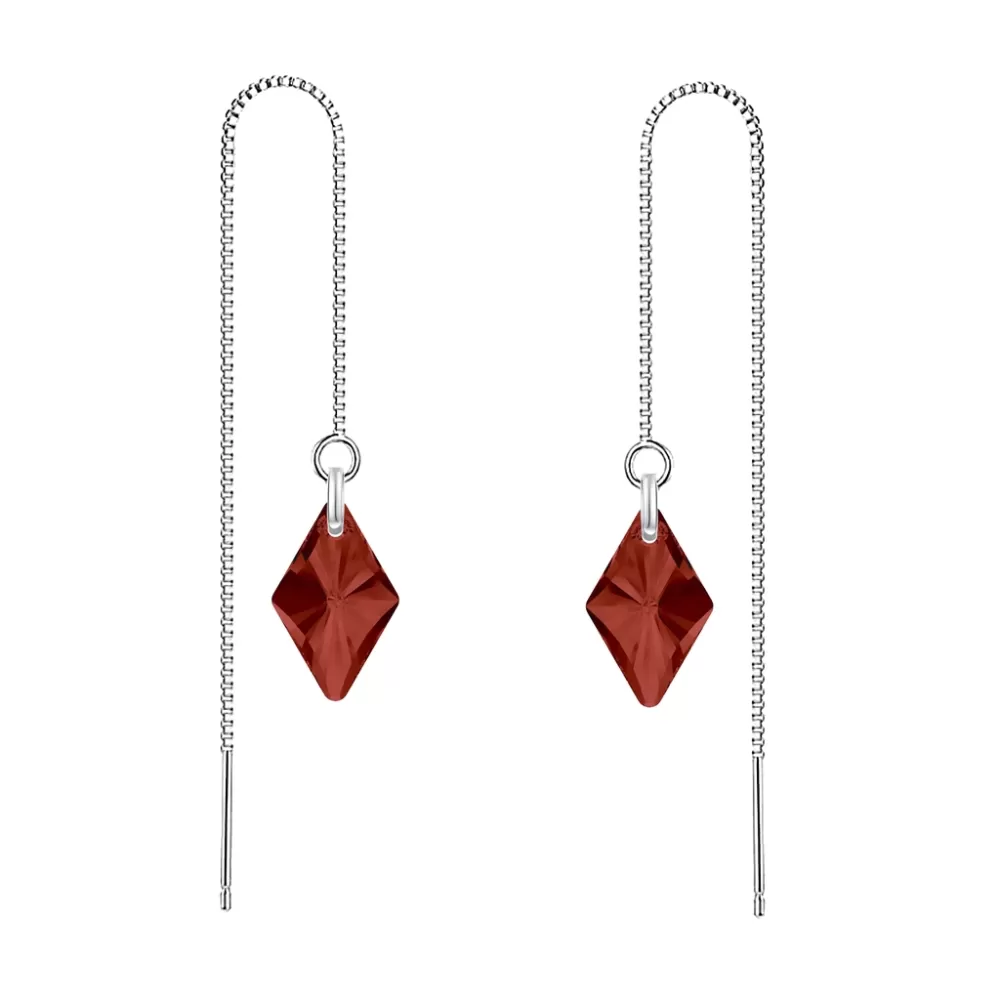 White Gold Plated Simply Red Magma Rhombus Crystal Thread Dangling Earring Collection Embellished with Austrian Crystals