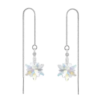 White Gold Plated Crystal AB Edelweiss Star Crystal Thread Dangling Earrings Embellished with Austrian Crystals