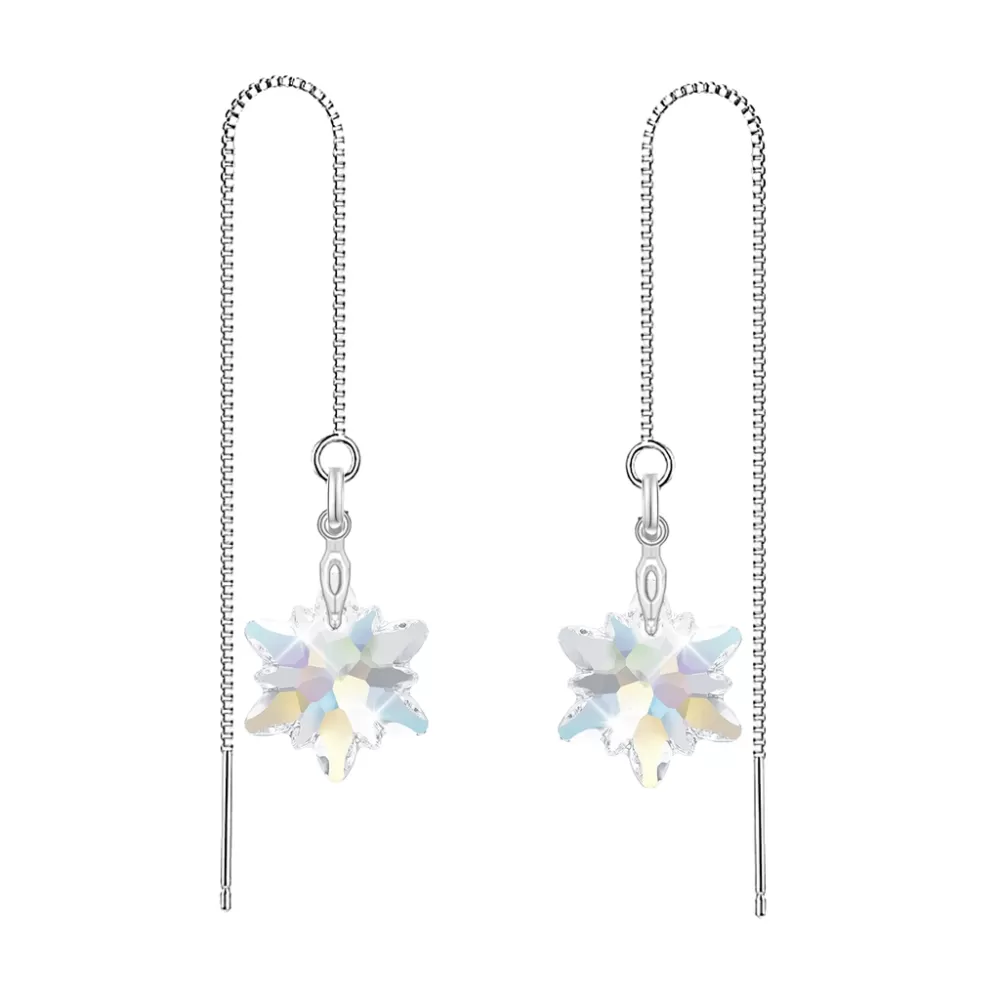 White Gold Plated Crystal AB Edelweiss Star Crystal Thread Dangling Earrings Embellished with Austrian Crystals