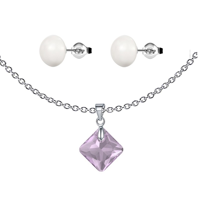 June Birthstone Light Amethyst Princess Cut Crystal Pendant With White Cabochon 10mm Crystal Pearls Stud Earrings Set