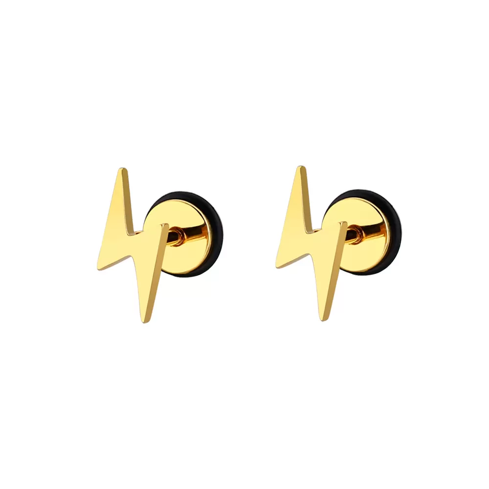 Gold Plated Premium Stainless Steel Hypoallergenic Lightning Screw Back Type Stud Earrings (Made In Japan)