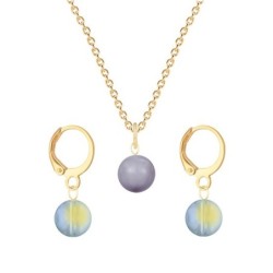 Gold Plated Premium Steel Mauve Crystal Pearl Pendant With Iridescent Green Austria Globe Hoop Earrings Set