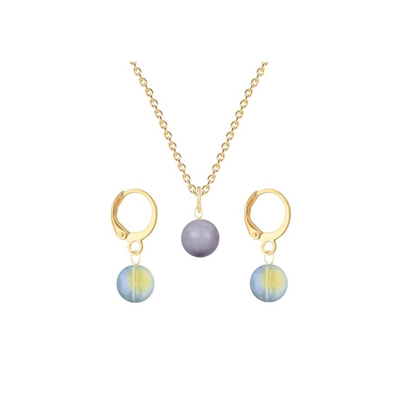 Gold Plated Premium Steel Mauve Crystal Pearl Pendant With Iridescent Green Austria Globe Hoop Earrings Set