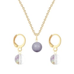 Gold Plated Premium Steel Mauve Crystal Pearl Pendant With White Patina Austria Globe Hoop Earrings Set