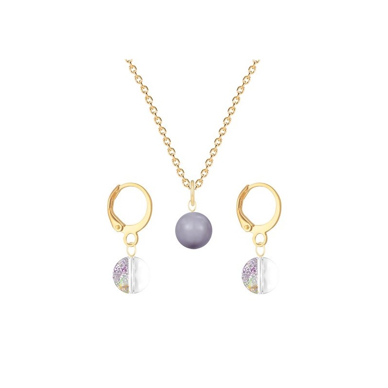 Gold Plated Premium Steel Mauve Crystal Pearl Pendant With White Patina Austria Globe Hoop Earrings Set