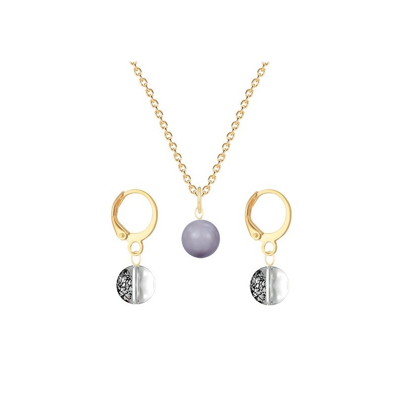 Gold Plated Premium Steel Mauve Crystal Pearl Pendant With Black Patina Austria Globe Hoop Earrings Set