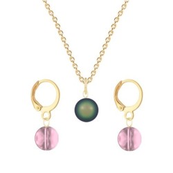 Gold Plated Premium Steel Scarabaeus Green Crystal Pearl Pendant With Antique Pink Austria Globe Hoop Earrings Set