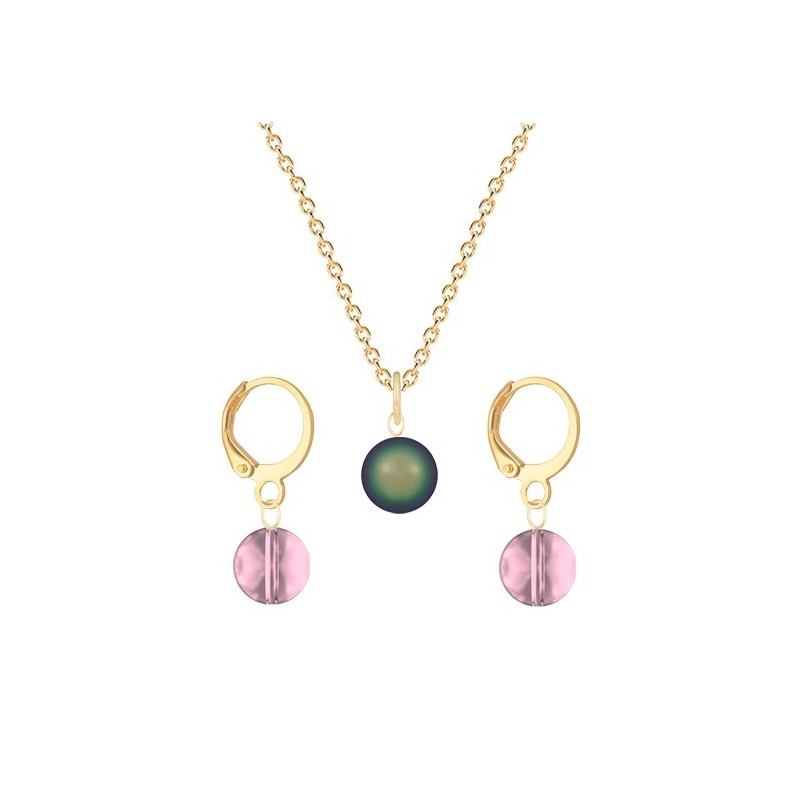 Gold Plated Premium Steel Scarabaeus Green Crystal Pearl Pendant With Antique Pink Austria Globe Hoop Earrings Set