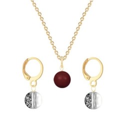 Gold Plated Premium Steel Bordeaux Crystal Pearl Pendant With Black Patina Austria Globe Hoop Earrings Set