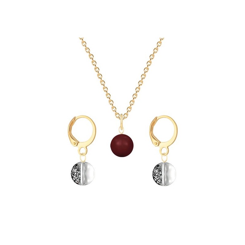 Gold Plated Premium Steel Bordeaux Crystal Pearl Pendant With Black Patina Austria Globe Hoop Earrings Set