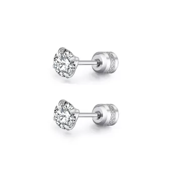 Premium Stainless Steel Hypoallergenic Round Brilliant Zirconia Screw Back Type Stud Earrings