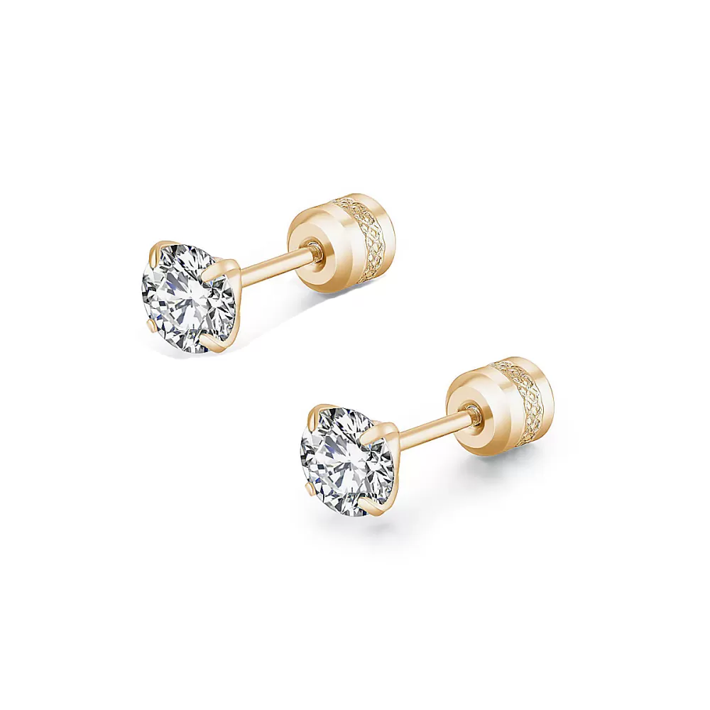 Gold Plated Premium Steel Hypoallergenic Round Brilliant Zirconia Screw Back Type Stud Earrings