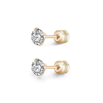 Gold Plated Premium Steel Hypoallergenic Round Brilliant Zirconia Screw Back Type Stud Earrings