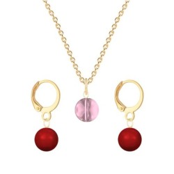 Gold Plated Premium Steel Antique Pink 8mm Austria Globe Pendant With Corel Red Crystal Pearl Hoop Earrings Set