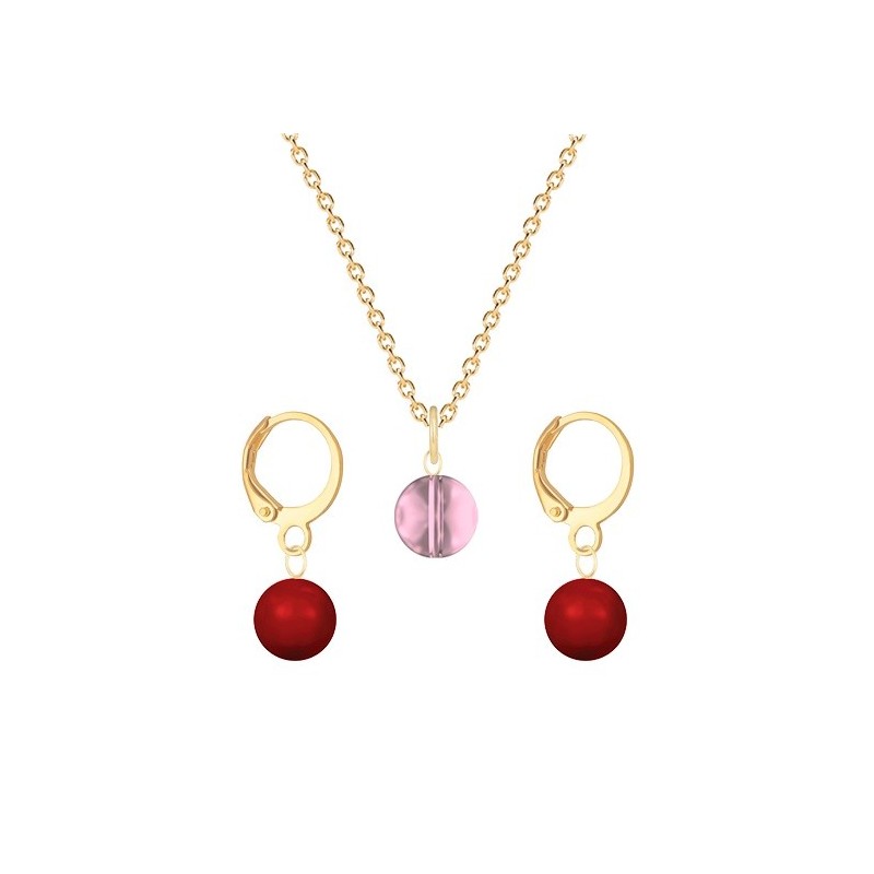 Gold Plated Premium Steel Antique Pink 8mm Austria Globe Pendant With Corel Red Crystal Pearl Hoop Earrings Set