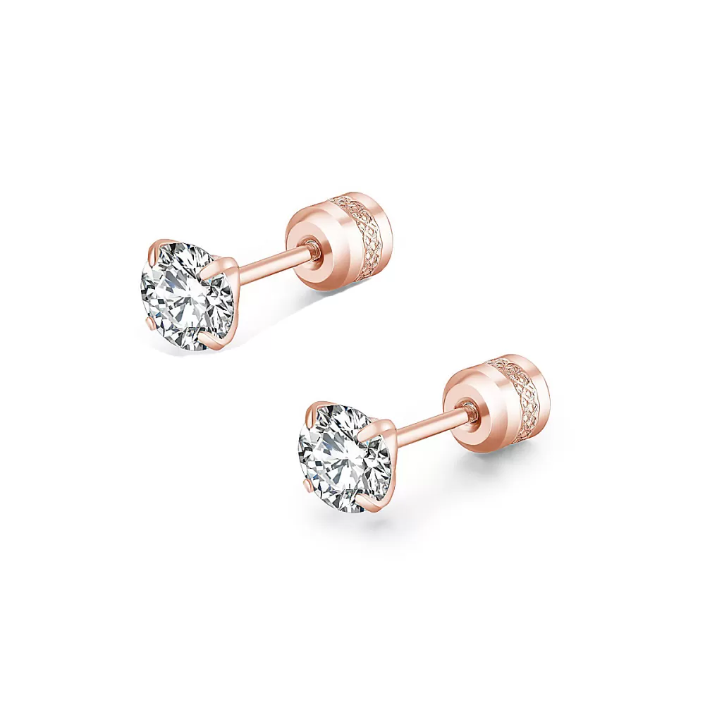 Rose Gold Plated Premium Steel Hypoallergenic Round Brilliant Zirconia Screw Back Type Stud Earrings